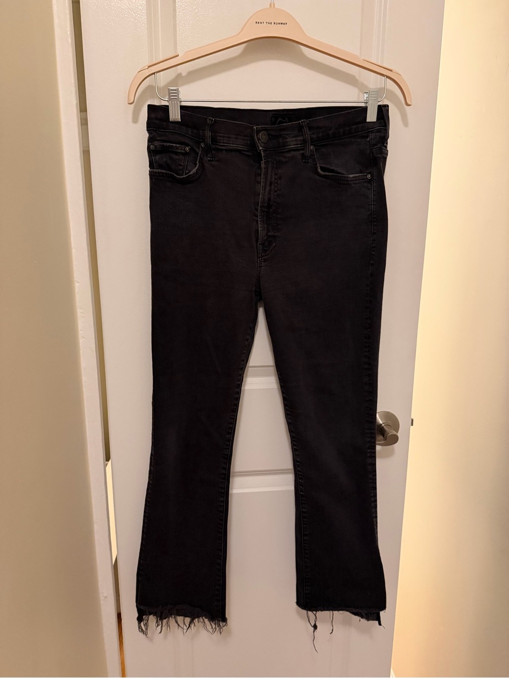 MOTHER Charcoal Gray High-Rise Ankle Jeans with Raw Frayed Hem